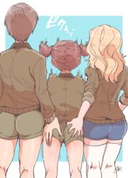  3girls akutsu_(demodori) alisa_(girls_und_panzer) ass ass_grab blonde_hair brown_jacket girls_und_panzer girls_und_panzer_saishuushou height_difference jacket kay_(girls_und_panzer) long_hair long_sleeves military military_uniform multiple_girls naomi_(girls_und_panzer) saunders_military_uniform short_hair shorts thighhighs uniform white_thighhighs yuri 