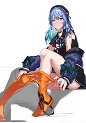  beret blue_eyes blue_hair female hat highres hololive hoshimachi_suisei hoshimachi_suisei_(casual) jacket jacket_partially_removed legs long_hair official_alternate_costume one_side_up orange_pantyhose osechi_(pixiv56606477) pantyhose parted_lips removing_legwear sitting skirt solo virtual_youtuber white_background 