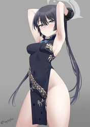  armpits arms_up black_dress black_gloves black_hair blue_archive blush breasts china_dress chinese_clothes double_bun dragon_print dress female gloves grey_eyes hair_bun halo highres kisaki_(blue_archive) looking_at_viewer medium_breasts pelvic_curtain print_dress signature solo try_(lsc) twintails 