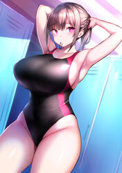  arms_behind_head black_hair black_one-piece_swimsuit braid breasts collarbone competition_swimsuit contrapposto cowboy_shot crown_braid female hair_tie_in_mouth highres holding holding_own_hair huge_breasts locker looking_at_viewer mouth_hold one-piece_swimsuit original ponytail red_eyes solo swimsuit tsukumiya_amane tying_hair 