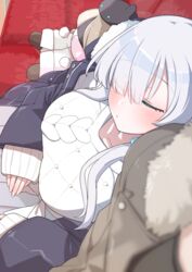  akitokage anastasia_(fate) anastasia_(under_the_same_sky)_(fate) black_jacket blush breasts closed_eyes coat commentary_request couch doll eyes_visible_through_hair fate/grand_order fate_(series) female fur_trim hair_over_one_eye highres jacket large_breasts leaning_on_person leaning_to_the_side long_hair long_sleeves on_couch pov sitting sleeping sleeves_past_wrists solo_focus sweater train_interior unworn_jacket viy_(fate) white_hair white_sweater winter_clothes winter_coat 