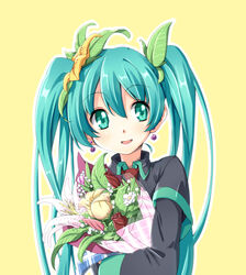  :d aqua_eyes aqua_hair blush bouquet commentary daisy earrings female flower hair_between_eyes hatsune_miku hinosita_hikari jewelry lily_(flower) long_hair looking_at_viewer open_mouth plant red_flower red_rose rose simple_background smile snowbell_(flower) upper_body vocaloid white_lily yellow_background 