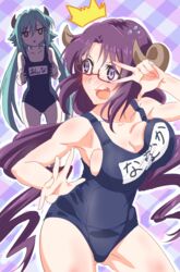  2girls anna_(princess_connect!) anna_(summer)_(princess_connect!) blush breasts demon_horns glasses highres horns large_breasts long_hair multiple_girls nanaka_(princess_connect!) princess_connect! purple_eyes purple_hair school_swimsuit seryu_oekaki simple_background swimsuit 