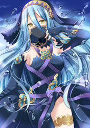  anklet azura_(fire_emblem) azura_(performing_arts)_(fire_emblem) black_dress black_gloves blue_background blue_hair breasts closed_mouth commentary_request detached_collar detached_sleeves dress elbow_gloves female fingerless_gloves fire_emblem fire_emblem_fates gloves hair_between_eyes highres holding hydrokinesis jewelry kirishima_riona long_hair looking_at_viewer medium_breasts mouth_veil pendant smile solo veil very_long_hair water yellow_eyes 