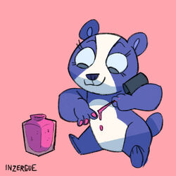  1:1 2016 bear blue_sclera capnpea colored_nails female fur giant_panda hasbro holding_object littlest_pet_shop littlest_pet_shop_(2012) looking_down makeup mammal nails penny_ling pink_background purple_body purple_fur semi-anthro simple_background sitting smile solo white_body white_fur 