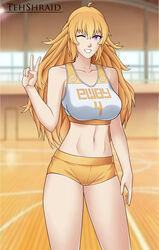  absurdres ahoge alternate_costume artist_name bare_shoulders blonde_hair blurry blurry_background breasts buruma collarbone copyright_name crop_top female grin gym gym_uniform hand_up highres indoors jersey large_breasts long_hair looking_at_viewer midriff navel number_print one_eye_closed purple_eyes rwby smile solo sports_bra stomach teeth tehshraid thighs two-tone_sports_bra v wavy_hair white_sports_bra yang_xiao_long yellow_buruma 