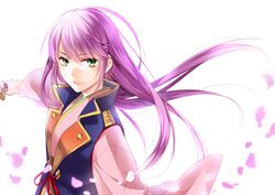  female green_eyes hair_ornament hairclip harukanaru_toki_no_naka_de harukanaru_toki_no_naka_de_3 hatsumi_(mdr323) holding holding_sword holding_weapon japanese_clothes kasuga_nozomi kataginu lips long_hair long_sleeves looking_at_viewer purple_hair smile solo sword upper_body weapon white_background 