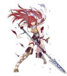  armor bare_shoulders belt boobplate boots breastplate broken broken_weapon cordelia_(fire_emblem) cordelia_(resplendent)_(fire_emblem) dress female fire_emblem fire_emblem_awakening fire_emblem_heroes full_body garter_straps gloves highres holding holding_weapon looking_away noy official_art open_mouth polearm red_eyes red_hair scarf short_dress shoulder_armor solo spear thigh_boots thighhighs torn_clothes transparent_background weapon white_scarf white_thighhighs zettai_ryouiki 