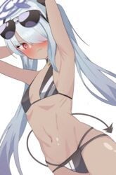  @_@ absurdres armpits arms_up bikini black_bikini black_choker blue_archive blue_halo blush breasts choker dark-skinned_female dark_skin eyewear_on_head female grey_hair hair_over_one_eye halo highres iori_(blue_archive) iori_(swimsuit)_(blue_archive) long_hair looking_at_viewer multi-strapped_bikini_bottom navel official_alternate_costume presenting_armpit qusouzu_mogari red_eyes simple_background small_breasts solo stomach sunglasses swimsuit tail very_long_hair white_background 