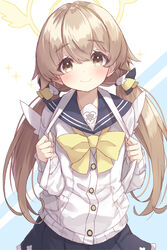  bag blue_archive blush commentary_request female hair_ornament halo hifumi_(blue_archive) highres light_brown_hair long_hair low_twintails miimu_(nelreg3) ribbon school_uniform simple_background smile solo twintails white_background yellow_eyes 