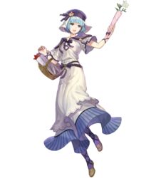  basket belt blue_eyes blue_hair bouquet bow bowtie breasts dress female fire_emblem fire_emblem_echoes:_shadows_of_valentia fire_emblem_heroes flower full_body hakou_(barasensou) highres holding layered_dress long_dress looking_away medium_breasts official_art open_mouth purple_legwear shoes short_hair short_sleeves silque_(fire_emblem) silque_(valentine)_(fire_emblem) smile solo striped transparent_background vertical_stripes 