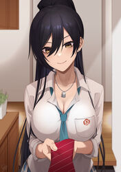  black_hair blue_necktie breast_pocket breasts cleavage closed_mouth collarbone collared_shirt commentary_request dog_tags earrings female hair_between_eyes high_ponytail highres idolmaster idolmaster_shiny_colors indoors ironatsuki jewelry large_breasts long_hair looking_at_viewer necktie pocket ponytail pov red_necktie school_uniform shirase_sakuya shirt smile solo stud_earrings upper_body very_long_hair white_shirt yellow_eyes 