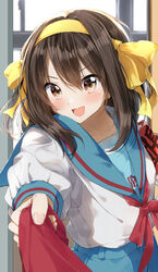  :d absurdres armband blackletter blue_sailor_collar blue_skirt blurry blurry_background blush bow brown_eyes brown_hair collarbone commentary_request day depth_of_field female hair_between_eyes hair_ribbon hairband highres kita_high_school_uniform long_sleeves looking_at_viewer neck_ribbon necktie necktie_grab neckwear_grab open_mouth partial_commentary pentagon_(railgun_ky1206) pov red_armband red_bow red_ribbon ribbon sailor_collar school_uniform serafuku shirt short_hair skirt smile solo suzumiya_haruhi suzumiya_haruhi_no_yuuutsu upper_body v-shaped_eyebrows white_shirt window winter_uniform yellow_hairband yellow_ribbon 