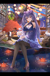  aerial_fireworks animal bare_shoulders black_pantyhose breasts chahei chinese_zodiac cleavage cleavage_cutout closed_mouth clothing_cutout commentary_request cone_hair_bun detached_sleeves dress female fireworks flower flower_on_liquid frilled_sleeves frills genshin_impact hair_between_eyes hair_bun high_heels highres keqing_(genshin_impact) knees_together_feet_apart lantern lattice letterboxed long_hair long_sleeves looking_at_viewer medium_breasts pantyhose paper_lantern purple_dress purple_footwear purple_hair purple_sleeves rabbit red_eyes red_flower ripples rock scroll shoes sitting sleeves_past_wrists smile solo stuffed_animal stuffed_rabbit stuffed_toy tree very_long_hair water wide_sleeves year_of_the_rabbit 