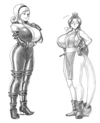  2girls :t absurdres annoyed artist_name bare_legs bodysuit boots breast_contest breast_envy breasts cleavage closed_eyes commentary comparison curly_hair english_commentary fatal_fury gloves greyscale hairband hand_fan hand_on_own_chest hand_on_own_hip height_difference highres huge_breasts japanese_clothes jealous kimono kof:_maximum_impact large_breasts lien_neville light_blush monochrome multiple_girls ninja no_bra ponytail pout revealing_clothes rivalry sash shadowpencil shiranui_mai sigh smile smirk standing tabi tactical_clothes the_king_of_fighters thighs unzipped white_background 