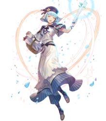  basket blue_eyes blue_hair bouquet bow bowtie breasts closed_eyes dress female fire_emblem fire_emblem_echoes:_shadows_of_valentia fire_emblem_heroes flower full_body glowing hakou_(barasensou) highres holding layered_dress long_dress medium_breasts official_art open_mouth petals purple_legwear shoes short_hair short_sleeves silque_(fire_emblem) silque_(valentine)_(fire_emblem) smile solo sparkle striped transparent_background vertical_stripes 