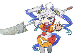  animal_ears blue_eyes blue_hair commentary_request female fusion godzilla_(series) godzilla_singular_point grey_hair heterochromia highres holding holding_polearm holding_weapon hood hoodie horse_ears horse_girl horse_tail jet_jaguar jet_jaguar_(singular_point) long_hair looking_at_viewer multicolored_clothes multicolored_hair multicolored_hoodie open_mouth oxygen_destroyer polearm purple_eyes simple_background smile solo spear standing tail twin_turbo_(umamusume) twintails two-tone_hair ueyama_michirou umamusume weapon white_background 