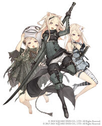  3girls animal_ears asymmetrical_clothes bandages barefoot blonde_hair blue_little_pig_(sinoalice) chains cloak company_name copyright_notice cosplay crossover emil_(nier) emil_(nier)_(cosplay) flower full_body fur_trim green_little_pig_(sinoalice) hair_flower hair_ornament high_heels highres ji_no kaine_(nier) kaine_(nier)_(cosplay) long_hair looking_at_viewer mask mask_lift multiple_girls nier nier_(brother) nier_(brother)_(cosplay) nier_(series) official_art pig_ears plump purple_eyes red_little_pig_(sinoalice) siblings sinoalice sisters skinny staff sword teeth upper_teeth_only weapon white_background 