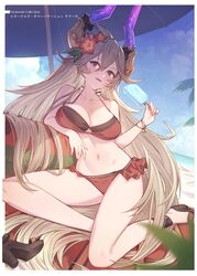  absurdres bare_shoulders beach beach_umbrella bikini blonde_hair blue_sky blush breasts cloud cloudy_sky collarbone day draph earrings female fingernails flower food full_body granblue_fantasy hair_flower hair_ornament hair_spread_out hibiscus highres holding holding_food horns jewelry large_breasts long_hair looking_at_viewer navel outdoors parted_lips popsicle red_bikini red_eyes sandals simple_background sitting sky smile solo stomach swimsuit thighs threo_(eternal&#039;s_summer_vacation)_(granblue_fantasy) threo_(granblue_fantasy) umbrella very_long_hair yellowpaint. 