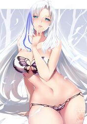  animal_print aqua_eyes blush breasts butterfly_print cleavage collarbone commentary_request eira_(mabinobi) female gainoob large_breasts lips long_hair mabinogi mabinogi_heroes multicolored_hair navel underwear underwear_only very_long_hair white_hair 