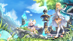  2girls arm_up black_gloves blonde_hair blue_sky boots chahei cloud commentary_request day detached_sleeves dress genshin_impact gloves hair_between_eyes halo highres knee_boots long_sleeves looking_at_viewer lumine_(genshin_impact) multiple_girls outdoors paimon_(genshin_impact) partially_fingerless_gloves purple_eyes romper single_thighhigh sky sleeves_past_wrists thigh_boots thighhighs thighhighs_under_boots tree walking white_dress white_footwear white_hair white_legwear white_romper white_sleeves wide_sleeves yeooudam 