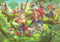  1other 6+boys 6+girls angela_(seiken_densetsu_3) blonde_hair blue_sky branch brown_hair charlotte_(seiken_densetsu_3) duran_(seiken_densetsu_3) faerie_(seiken_densetsu_3) haccan hawkeye_(seiken_densetsu_3) hero_(sd1) heroine_(seiken_densetsu_1) highres imu_(lom) kevin_(seiken_densetsu_3) legend_of_mana looking_at_viewer mana_tree multiple_boys multiple_girls official_art outdoors popoi_(seiken_densetsu_2) primm_(seiken_densetsu_2) purple_hair randi_(seiken_densetsu_2) riesz seiken_densetsu seiken_densetsu_1 seiken_densetsu_2 seiken_densetsu_3 showgirl_skirt sky smile staff sword toto_(lom) tree waving weapon 