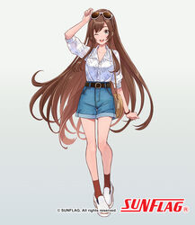  ;d arm_up bag blue_shorts brown-tinted_eyewear brown_eyes brown_hair brown_socks clothes_writing collarbone collared_shirt commentary_request copyright_name copyright_notice dress_shirt eyewear_on_head female full_body grey_background izanami_(sunflag) long_hair looking_at_viewer official_art one_eye_closed open_mouth puffy_short_sleeves puffy_sleeves shirt shoes short_shorts short_sleeves shorts shoulder_bag smile socks solo standing sunflag sunglasses tinted_eyewear very_long_hair white-framed_eyewear white_footwear white_shirt wing_collar yuko_(uc_yuk) 