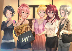  5girls :d arms_up bag belt black_eyes black_hair black_pantyhose black_skirt blonde_hair blue_eyes blue_shirt blush breasts cellphone cleavage collarbone commentary_request earrings floral_print green_eyes grey_hair grey_pants group_name hand_on_own_chin handbag hayami_kanade high_ponytail highres holding holding_phone ichinose_shiki idolmaster idolmaster_cinderella_girls jacket jewelry jougasaki_mika lipps_(idolmaster) long_sleeves medium_breasts miniskirt miyamoto_frederica multiple_girls nail_polish necklace off-shoulder_shirt off_shoulder open_clothes open_jacket open_mouth pants pantyhose parted_bangs phone pink_hair pink_shirt pink_skirt pleated_skirt red_hair shiomi_syuko shirt shopping_bag short_hair short_sleeves shougun_(chuckni1) sidelocks skirt sleeves_rolled_up smile v-neck white_shirt yellow_eyes 