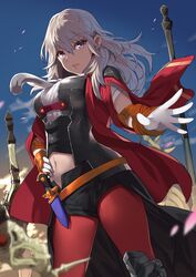  alternate_color armlet armor black_shorts blue_sky blurry bodice breasts brown_pantyhose bustier byleth_(female)_(fire_emblem) byleth_(fire_emblem) cape cleavage_cutout clothing_cutout commentary_request cosplay dagger day depth_of_field edelgard_von_hresvelg edelgard_von_hresvelg_(cosplay) female fire_emblem fire_emblem:_three_houses gloves hair_between_eyes hand_on_own_hip highres knee_pads knife large_breasts long_hair looking_at_viewer midriff navel navel_cutout outdoors outstretched_hand pantyhose pantyhose_under_shorts parted_lips planted purple_eyes red_cape red_pantyhose short_shorts short_sleeves shorts shoulder_armor sky smile solo standing super_smash_bros. tassel teacher turtleneck vambraces weapon white_gloves white_hair yappen 