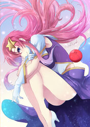  bare_legs blue_eyes capelet closed_mouth crossed_arms female fetal_position floating_hair gloves gundam gundam_seed gundam_seed_destiny hair_between_eyes hair_ornament haro high_heels highres hugging_own_legs long_hair looking_at_viewer looking_to_the_side meer_campbell pink_hair pumps purple_skirt skirt smile solo star_(symbol) star_hair_ornament twitter_username very_long_hair white_capelet white_footwear white_gloves yuuka_seisen 