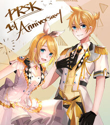  1boy :d anniversary black_gloves black_necktie blonde_hair blue_eyes bow bow_hairband closed_mouth collared_shirt commentary_request dress epaulettes female gloves hair_between_eyes hairband hairbow highres kagamine_len kagamine_rin leaning_forward long_hair looking_at_viewer more_more_jump!_(project_sekai) more_more_jump!_len more_more_jump!_rin necktie open_mouth parted_bangs partial_commentary project_sekai shirt short_hair short_sleeves shoulder_boards sleeveless sleeveless_dress smile tsaishanny vocaloid white_bow white_dress white_hairband white_shirt wing_collar 