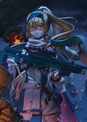  2girls back-to-back bandaid bandaid_on_face bandaid_on_nose blonde_hair bolt_action bow burning closed_mouth commentary cyclops_(girls&#039;_frontline) dress girls&#039;_frontline gloves glowing glowing_eyes gun hair_between_eyes hairbow headband highres holding holding_gun holding_weapon kcco_(girls&#039;_frontline) long_hair multiple_girls night night_sky outdoors pal_lett ponytail red_eyes rifle russian_flag scarf scope sidelocks sky sniper_rifle sv-98 sv-98_(girls&#039;_frontline) sv-98_(mod3)_(girls&#039;_frontline) svd_(girls&#039;_frontline) weapon white_hair white_scarf yellow_eyes 