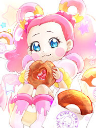  artist_name blue_eyes blush clear_glass_(mildmild1311) commentary_request cure_pekorin doughnut eating eyelashes female food hair_ornament hair_rings happy highres kirakira_precure_a_la_mode looking_at_viewer magical_girl pekorin_(precure) pekorin_(precure)_(human) pink_hair precure signature sitting smile solo twitter_username 