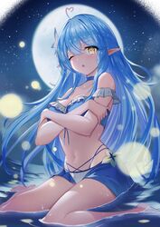  absurdres ahoge bikini bikini_skirt blue_bikini blue_choker blue_hair blue_panties blue_skirt braid breasts choker commentary covering_breasts covering_privates elf female flower frilled_bikini frills hair_flower hair_ornament half_updo heart heart_ahoge highres hololive large_breasts long_hair looking_at_viewer moon navel one_eye_closed panties pointy_ears side_braid skirt sky solo star_(sky) starry_sky swimsuit symbol-only_commentary tokisaka_makoto underwear virtual_youtuber water yellow_eyes yukihana_lamy 