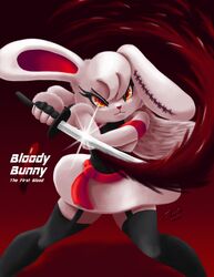  2spot_studio anthro blood bloody_bunny bloody_bunny_(series) bodily_fluids clothed clothing english_text female fur hi_res jo-vee-al lagomorph leporid mammal melee_weapon monster rabbit red_background red_eyes scar simple_background solo standing stitch_(sewing) sword text weapon yellow_eyes 