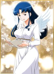  1990s_(style) blue_eyes blue_hair cowboy_shot dress feathered_wings female fujiwara_aya holding holding_paper long_hair long_sleeves non-web_source official_art open_mouth paper retro_artstyle snowflake_background solo super_real_mahjong tanaka_ryou white_dress white_wings wings 