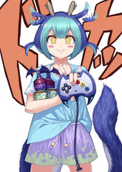  +_+ absurdres alternate_costume aqua_hair bad_id bad_pixiv_id blue_hair blush_stickers controller cowboy_shot cup_ramen dragon_girl dragon_horns dragon_tail duel_monster enemy_controller female flapping_ears game_controller highres holding holding_controller holding_game_controller horns instant_fusion laundry_dragonmaid multicolored_hair nutrient_z rari_(badominton) shirt_partially_tucked_in short_hair shorts smile solo standing tail yu-gi-oh! 