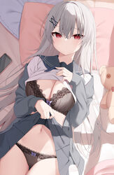  bed_sheet black_bra black_panties blue_sailor_collar blush bra breasts cellphone cleavage closed_mouth clothes_lift commentary_request female grey_hair grey_skirt hair_between_eyes hair_ornament kamu_(geeenius) lifting_own_clothes long_hair long_sleeves looking_at_viewer lying medium_breasts navel on_back original panties phone pillow red_eyes sailor_collar school_uniform skirt skirt_lift solo stuffed_animal stuffed_toy teddy_bear underwear x_hair_ornament yami-chan_(kamu_(geeenius)) 