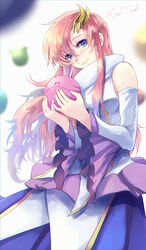  blue_eyes blue_skirt detached_sleeves female floating_hair grin gundam gundam_seed gundam_seed_destiny hair_between_eyes hair_ornament haro highres holding lacus_clyne long_hair long_skirt long_sleeves looking_at_viewer pink_hair skirt smile solo standing twitter_username very_long_hair white_sleeves wide_sleeves yuuka_seisen 