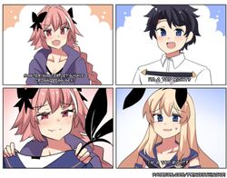  2boys :d absurdres astolfo_(fate) black_bow black_hair blonde_hair blue_eyes blush bow braid bunny_ears changing_clothes comic cosplay crossdressing dialogue english_text fate/grand_order fate_(series) femboy femboydom feminization for_the_better_right? fujimaru_ritsuka_(male) gay girly hairbow highres hinghoi humor jacket josou_seme kantai_collection long_hair male male/male male_focus meme multiple_boys nervous nervous_smile nervous_sweat oerba_yun_fang open_mouth otoko_no_ko pibk_hair pink_eyes pink_hair question school_uniform schoolgirl shimakaze_(kantai_collection) shimakaze_(kantai_collection)_(cosplay) skin_fang smile smug sweat sweatdrop text trap upper_body watermark web_address wig yaoi 