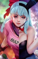  aqua_eyes aqua_hair black_leotard blue_eyes blue_hair bulma_briefs commentary dragon_ball dragon_ball_(classic) english_commentary female gloves highres leotard off-shoulder_leotard pink_shirt playboy_bunny shirt solo split_theme wizyakuza 