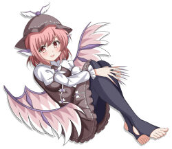  absurdres animal_ears bird_ears bird_wings black_pantyhose breasts brown_dress brown_hat chestnut95 commentary dress feathered_wings feet female fingernails full_body green_nails hat highres long_fingernails medium_breasts mob_cap mystia_lorelei pantyhose pink_eyes pink_hair pink_wings shirt simple_background solo stirrup_legwear toeless_legwear toes touhou white_background white_shirt wings 