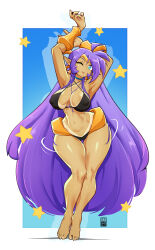  absurdres armpits arms_up bare_legs barefoot bayeuxman belly_dancing bikini black_bikini blue_eyes bracer breasts cameltoe covered_nipples dancing dark-skinned_female dark_skin full_body hair_down highres large_breasts long_hair one_eye_closed pointy_ears purple_hair shantae shantae_(series) swimsuit tan tanlines thigh_gap thighs toned tongue tongue_out very_long_hair wide_hips 