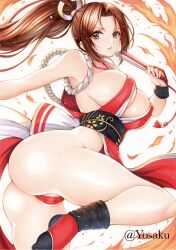  artist_name ass bare_shoulders breasts brown_eyes brown_hair cleavage covered_nipples female fire folded_fan folding_fan hand_fan high_ponytail highres japanese_clothes large_breasts long_hair looking_at_viewer motoyui pelvic_curtain ponytail shiranui_mai solo the_king_of_fighters traditional_media twitter_username yosaku_vs_hina 