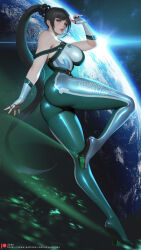  ass black_hair blunt_bangs bodysuit breasts earth_(planet) eve_(stellar_blade) female fingerless_gloves gloves green_bodysuit grey_eyes highres in_orbit large_breasts long_hair looking_at_viewer multicolored_bodysuit multicolored_clothes planet planet_diving_suit_(7th)_(stellar_blade) ponytail sade_abyss silver_bodysuit skin_tight solo space stellar_blade very_long_hair white_gloves 