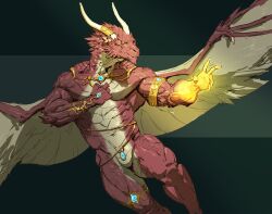  anthro dragon european_mythology gem glowing_hands gold_(metal) hi_res horn jewelry magic magic_user male membrane_(anatomy) membranous_wings mythological_creature mythological_scalie mythology pacelic red_body scalie solo western_dragon wings yellow_eyes 