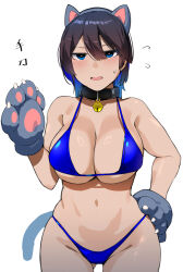  animal_ears animal_hands bakkanki bikini black_collar black_hair blue_bikini blue_eyes blue_hair breasts bunny_garden cat_ears cat_tail collar colored_inner_hair cowboy_shot curvy fake_animal_ears female flying_sweatdrops hair_between_eyes hand_on_own_hip highres large_breasts looking_at_viewer micro_bikini miuka_(bunny_garden) multicolored_hair navel open_mouth short_hair simple_background solo stomach string_bikini sweatdrop swimsuit tail underboob white_background 