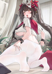  alternate_costume ass black_hair blush breasts brown_hair catsmoon commentary female fox_mask from_behind highres honkai:_star_rail honkai_(series) indoors kneeling large_breasts long_hair looking_at_viewer looking_back mask mask_on_head open_mouth paid_reward_available pantyhose red_eyes shirt short_sleeves soles solo sparkle_(honkai:_star_rail) symbol-shaped_pupils thighs tongue tongue_out twintails white_pantyhose white_shirt 