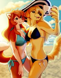  anthro beach bikini bird_dog black_nose black_sclera blonde_hair blurred_background breasts brown_body brown_eyes brown_fur brown_hair canid canine canis cellphone cleavage clothed clothing cloud domestic_dog duo electronics female fluffy fluffy_tail fur golden_retriever hair hi_res hunting_dog husky long_hair mammal markings mole_(marking) navel nordic_sled_dog outside phone pink_nose retriever sea selfie siberian_husky skimpy sky smartphone smile spitz string_bikini sunset swimwear tail thelupinprincess two-piece_swimsuit water yellow_body yellow_eyes yellow_fur 