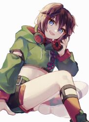  :d blue_eyes brown_hair commentary_request cropped_hoodie denonbu female green_hoodie green_shorts hair_between_eyes hair_ears hair_ornament hand_on_headphones headphones headphones_around_neck highres hood hoodie invisible_chair long_sleeves looking_at_viewer midriff momono4343 ogami_matoi open_mouth red_socks shoe_soles short_hair short_shorts shorts simple_background sitting smile socks solo white_background 